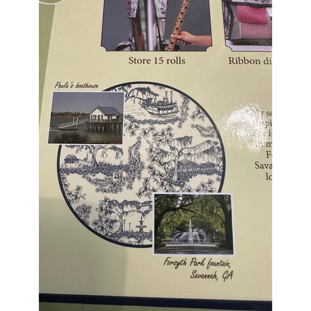 Paula Deen Storage Collection Gift Wrap Organizer Toile Blue White 15 Rolls NEW
